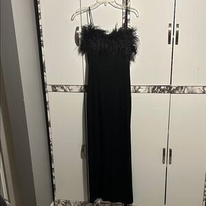 Alex Evenings Black Maxi Dress with Feather Trim